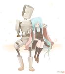  aqua_hair arm_at_side bangs black_dress black_legwear blanket closed_eyes dress flower hatsune_miku invisible_chair kneehighs leaning_to_the_side long_hair no_shoes open_mouth red_flower robot short_sleeves sitting sleepy socks song_name tansuke twintails very_long_hair vocaloid voice_(vocaloid) white_background 