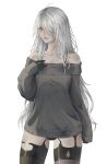  1girl a2_(nier:automata) ahoge alternate_costume arm_at_side artelsia bare_shoulders black_gloves black_panties black_thighhighs blue_eyes bra_strap bright_pupils closed_mouth commentary cowboy_shot english_commentary expressionless gloves grey_hair grey_sweater hair_over_one_eye hand_up highres long_hair long_sleeves mole mole_under_mouth nier:automata nier_(series) no_pants off-shoulder_sweater off_shoulder one_eye_covered panties pink_lips simple_background sleeves_past_wrists solo standing straight_hair sweater thighhighs underwear very_long_hair white_background white_pupils 