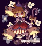  1girl alternate_costume animal animal_ear_headwear black_background black_bow black_bowtie black_hat black_shirt black_shoes blush_stickers bow bowtie brown_hair cape commentary_request detached_sleeves finger_to_mouth flower full_body hat hat_with_ears high_heels holding holding_staff layered_skirt official_style pimyuhuwa puyopuyo puyopuyo_quest rebecca_(puyopuyo_quest) red_eyes red_skirt shaded_face sheep shepherd's_crook shirt shoes short_hair shushing simple_background skirt socks solo staff standing standing_on_one_leg striped_clothes striped_skirt twitter_username vertical-striped_clothes vertical-striped_skirt white_sleeves white_socks yellow_bow yellow_cape 