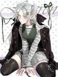  absurdres alternate_costume aqua_eyes artist_name barbell_piercing belt between_legs black_belt black_jacket black_thighhighs bow character_name commentary_request ear_piercing earrings elf frieren full_body green_bow green_ribbon green_shirt grey_shirt hair_ornament hairclip hand_between_own_legs hands_on_floor highres industrial_piercing jacket jacket_on_shoulders jewelry lace lace_thighhighs lace_trim light_blush long_sleeves medium_hair messy_hair multicolored_nails multiple_hairclips multiple_rings nail_polish necklace off-shoulder_shirt off_shoulder open_clothes open_jacket parted_bangs parted_lips piercing pleated_skirt pointy_ears polka_dot polka_dot_background ribbon ring shirt sidelocks sitting skirt sleeves_past_wrists soar_wle sousou_no_frieren striped_clothes striped_shirt teardrop_earrings thighhighs twintails twitter_username wariza white_background white_hair white_ribbon white_skirt 