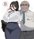  1boy 1girl absurdres alternate_costume bald black-framed_eyewear black_bra black_hair black_skirt blue_archive bra breasts citizen_k_(pngj5475) collared_shirt commentary curvy dark-skinned_male dark_skin double_chin fat fat_man glasses hasumi_(blue_archive) highres huge_breasts long_hair missing_halo necktie office_lady paid_reward_available pencil_skirt plump rectangular_eyewear red_eyes shirt short_sleeves skirt smile standing thick_neck ugly_bastard underwear white_background white_shirt 