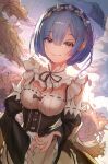  1girl apron bilingual_commentary blue_eyes blue_hair breasts chinese_commentary commentary detached_sleeves hair_ornament hair_over_one_eye hair_ribbon highres kuangfeng_chui_kucha maid maid_apron maid_headdress mixed-language_commentary outdoors re:zero_kara_hajimeru_isekai_seikatsu rem_(re:zero) ribbon ribbon_trim short_hair solo 