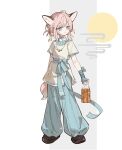  1girl absurdres ahoge alternate_costume alternate_hairstyle animal_ears arknights baggy_pants black_shoes blue_eyes blue_gloves blue_pants blue_ribbon blue_sash chaosneh chinese_clothes chinese_commentary closed_mouth cloud commentary_request food fox_ears fox_girl fox_tail full_body gloves highres holding holding_food jewelry looking_at_viewer moon mooncake necklace pants ribbon sash shirt shoes short_hair short_sleeves solo standing sussurro_(arknights) tail white_shirt 