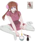  1girl blue_eyes bowl broken_egg brown_hair bun_cover chinese_clothes chopsticks double_bun dress egg egg_yolk ena33333333 full_body gintama hair_bun highres kagura_(gintama) long_hair parted_lips pink_dress qipao reference_inset rice rice_bowl short_sleeves sitting smile solo soy_sauce_bottle thighhighs white_background white_thighhighs 