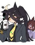  2girls agnes_tachyon_(umamusume) ahoge animal_ears black_choker black_coat black_gloves black_hair black_shirt blush brown_hair choker closed_mouth coat collared_shirt commentary cup ear_tag earrings gloves hair_between_eyes holding holding_cup horse_ears horse_girl jewelry lab_coat long_hair long_sleeves looking_at_viewer manhattan_cafe_(creeping_shadow)_(umamusume) manhattan_cafe_(umamusume) medium_hair multicolored_hair multiple_girls necktie open_mouth red_eyes school_uniform shirt simple_background single_earring sleeves_past_wrists smile squiggle teeth tracen_school_uniform twintails umamusume untranslatable_commentary upper_teeth_only white_background white_hair yellow_eyes yellow_necktie yodaka_(yodaka1227) 