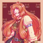  1girl :d armor belt black_dress border breastplate breasts brown_armor brown_belt brown_border brown_hair brown_outline commentary dress english_commentary gauntlets hair_between_eyes hair_tubes highres layered_dress leather_armor long_hair long_sleeves medium_breasts metal_arm_cuffs metal_hair_tubes neck_ribbon open_mouth outline outside_border pink_eyes pinstripe_dress pinstripe_pattern raphtalia red_dress red_ribbon ribbon signature sleeveless sleeveless_dress smile solo straight_hair tanuki tate_no_yuusha_no_nariagari two-tone_dress upper_body watermark white_dress yocchan_art 
