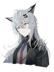  1girl absurdres aiguillette animal_ears arknights black_jacket closed_mouth commentary cropped_torso gradient_necktie grey_eyes grey_hair grey_shirt hair_between_eyes hair_ornament hairclip highres jacket kieri lappland_(arknights) lappland_the_decadenza_(arknights) long_hair looking_at_viewer multiple_hairclips necktie parallel_hairclips purple_necktie red_necktie scar scar_across_eye scar_on_face shirt simple_background solo white_background wolf_ears wolf_girl 
