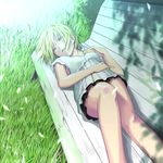  bench blonde_hair blouse closed_eyes foreshortening grass lying on_back original outdoors petals shade short_hair skirt sleeping solo ssi 
