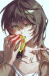  1boy absurdres aikawa_hajime animification apple artist_name brown_coat brown_hair chinese_commentary coat commentary_request food fruit glint green_eyes hair_between_eyes hand_up highres holding holding_food holding_fruit jewelry kamen_rider kamen_rider_blade_(series) lofter_username long_sleeves male_focus medium_hair mole_on_pectoral ring shibainu2333 shirt simple_background solo white_shirt xiaohongshu_username 