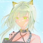  1girl absurdres animal_ear_fluff animal_ears arknights bare_shoulders blue_background bright_pupils cat_ears cat_girl closed_mouth commentary green_eyes green_hair highres kal'tsit_(arknights) lens_flare looking_at_viewer material_growth off_shoulder oripathy_lesion_(arknights) portrait short_hair_with_long_locks simple_background solo stethoscope stethoscope_around_neck udon_ramen_(user_ufvp7458) watermark white_pupils 