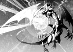  absurdres blank_eyes blue-eyes_white_dragon claws commentary_request dragon dragon_claw dragon_wings duel_monster electricity energy_ball greyscale highres marcey monochrome no_humans open_mouth sharp_teeth solo star_(sky) tail teeth western_dragon wings yu-gi-oh! 