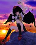  black_hair black_wings camera dusk geta hat kneehighs kubozuka_pikurou looking_at_viewer red_eyes shameimaru_aya short_hair socks solo tengu-geta tokin_hat touhou wings 