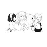  >_< 1boy 2girls ^_^ absurdres aged_down anya_(spy_x_family) blush bond_(spy_x_family) child closed_eyes closed_mouth commentary_request crying dog great_pyrenees greyscale hairband highres monochrome multiple_girls open_mouth seiza shirt short_hair shorts simple_background sitting smile spy_x_family tarutaruso3 time_paradox twilight_(spy_x_family) white_background yor_briar 