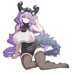  1girl abnaki absurdres alternate_breast_size_(larger) areola_slip arknights arknights:_endfield arm_support arm_up bare_shoulders black_horns black_shorts breasts brown_thighhighs chinese_commentary commentary_request covered_navel full_body grey_tail hair_between_eyes hand_in_own_hair high-waist_shorts highres horns lactation lactation_through_clothes large_areolae large_breasts long_hair looking_at_viewer nipples no_shoes pink_eyes purple_hair see-through_clothes shorts simple_background sitting solo tail thighhighs typhoeus_(arknights) typhon_(arknights) variant_set white_background 