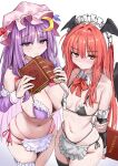  2girls alternate_costume apron asymmetrical_docking bikini black_bikini blush book bow bowtie breast_press breasts cleavage closed_mouth commentary crescent crescent_hair_ornament demon_wings grimoire hair_ornament hat head_wings highres holding holding_book koakuma large_breasts long_hair looking_at_viewer maid maid_bikini maid_headdress mob_cap multiple_girls notonaon open_book patchouli_knowledge purple_bikini purple_eyes purple_hair red_bow red_bowtie red_eyes red_hair simple_background sweat swimsuit thighs touhou unconventional_maid untranslatable_commentary very_long_hair waist_apron white_apron white_background wings 
