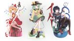  3girls ascot asymmetrical_wings back_bow black_boots black_dress black_hair black_hat black_thighhighs blonde_hair blue_wings blush boots bow bowtie breasts buttons collared_shirt commentary creenoy crystal crystal_wings diamond_button disembodied_linked_eye dress english_commentary eyeball flandre_scarlet floral_print frilled_shirt_collar frilled_skirt frilled_sleeves frills full_body green_eyes green_hair green_skirt grin hat hat_bow hat_ribbon heart heart_of_string highres holding holding_knife holding_polearm holding_weapon houjuu_nue knife komeiji_koishi laevatein_(touhou) long_sleeves looking_at_viewer mary_janes mob_cap multicolored_wings multiple_girls one_side_up open_mouth polearm print_skirt puffy_short_sleeves puffy_sleeves red_bow red_bowtie red_eyes red_shoes red_skirt red_vest red_wings ribbon rose_print shirt shoes short_sleeves skirt skirt_set small_breasts smile snake socks thighhighs touhou trident ufo vest weapon white_bow white_hat white_shirt white_socks wide_sleeves wings yellow_ascot yellow_bow yellow_shirt 