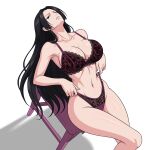  1girl absurdres arceromx black_bra black_hair black_panties blue_eyes boa_hancock bra breasts cleavage collarbone commentary english_commentary floral_print highres lace lace-trimmed_bra lace-trimmed_panties lace_bra lace_panties lace_trim long_hair navel one_piece panties pulling_own_clothes purple_panties simple_background solo stomach teeth thighs two-tone_panties underwear underwear_only white_background 