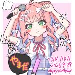  1girl 2026 :t absurdres ahoge arms_up blue_hair blue_jacket blush_stickers border bow braid braided_base bun_with_braided_base closed_mouth commentary cone_hair_bun dated double_bun drill_hair drill_sidelocks glowstick green_eyes hair_bow hair_bun hair_ornament hairclip hand_fan happy_birthday highres holding holding_microphone jacket laugh_diamond long_hair microphone multicolored_hair neck_ribbon oshikatsu outside_border paper_fan penlight_(glowstick) pink_hair puff_of_air red_ribbon ribbon shine_post shirt sidelocks solo tkrn_yt translation_request twin_drills two-tone_hair uchiwa upper_body white_border white_bow white_shirt yamada_kanon 