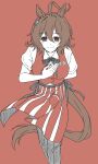  1girl agnes_tachyon_(umamusume) ahoge animal_ears apron black_bow black_pants bow brown_hair closed_mouth collared_shirt commentary_request earrings employee_uniform fast_food_uniform hair_between_eyes highres horse_ears horse_girl horse_tail jewelry kfc leaning_forward looking_at_viewer medium_hair official_alternate_costume pants red_apron red_background red_eyes red_vest shirt shiruko_(oshiruko) simple_background single_earring smile solo tail umamusume vest white_shirt 