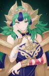  1girl arm_wrap bare_shoulders blush breasts closed_mouth commentary doiparuni dress fire_emblem fire_emblem:_fortune's_weave green_eyes green_hair hair_ornament headpiece highres large_breasts long_hair long_pointy_ears looking_at_viewer pointy_ears purple_dress ribbon simple_background smile solo sothis_(adult)_(fire_emblem) sothis_(fire_emblem) tassel tassel_hair_ornament tiara upper_body 