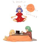  3girls akeome blonde_hair blue_hair chopsticks floating food fruit green_eyes green_hair hair_ornament happy_new_year hat hat_removed headwear_removed kochiya_sanae kome_(404) kotatsu kotoyoro levitation long_hair long_sleeves mandarin_orange moriya_suwako mudra multiple_girls new_year short_hair short_sleeves simple_background table text_focus touhou track_suit vitarka_mudra white_background yasaka_kanako 