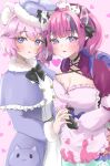  2girls absurdres ahoge animal_ears blush breasts cat_ears cat_girl cleavage commentary demon_girl demon_horns dress english_commentary fingerless_gloves gloves hat heart heart_ahoge heart_in_eye highres holding_hands horns hoshino_mico interlocked_fingers ironmouse ironmouse_(wonderland_reject) looking_at_viewer multicolored_hair multiple_girls nyatasha_nyanners pink_hair pointy_ears purple_dress purple_eyes purple_hair see-through_horns short_hair streaked_hair symbol_in_eye twintails virtual_youtuber vshojo white_dress yuri 