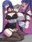  1boy 1girl absurdres applying_gag bdsm black_bra black_garter_straps black_panties black_skirt blunt_bangs blush bondage bound bound_ankles bound_legs bra breasts commentary drooling gag gagged garter_straps green_eyes highres improvised_gag lace-trimmed_bra lace_trim large_breasts long_hair mouth_drool multicolored_hair off_shoulder one_eye_closed panties panty_&amp;_stocking_with_garterbelt pink_hair purple_hair restrained rope shibari shirt shirt_tucked_in sidelocks single_bare_shoulder skirt stocking_(psg) stuffed_gag sweat tape tape_gag two-tone_hair underwear very_long_hair white_background white_shirt wraparound_tape_gag yuy 