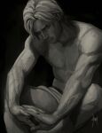  1boy abs feet_out_of_frame head_tilt highres interlocked_fingers leon_s._kennedy male_focus muscular muscular_male outstretched_arms pectorals resident_evil resident_evil_4 short_hair sitting solo stretching topless_male veins zombiyh 
