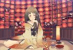  bad_id bad_pixiv_id ball blush brown_eyes cherry_blossoms cup japanese_clothes kacchuu kimono lantern long_hair lying original paper_lantern sakazuki sitting solo tatami temari_ball yokozuwari 