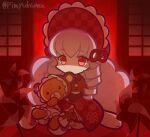  1girl alternate_costume bonnet bow closed_mouth commentary_request control_bar dot_mouth drill_hair drill_sidelocks floral_print floral_print_kimono full_body indoors japanese_clothes julia_(puyopuyo) kimono long_hair looking_ahead neck_tassel obi official_style on_ground pimyuhuwa pinwheel print_kimono puyopuyo puyopuyo_quest red_bonnet red_bow red_eyes red_kimono red_theme sash sidelocks sitting sliding_doors solo stuffed_animal stuffed_toy tassel teddy_bear twitter_username very_long_hair white_hair white_sash 
