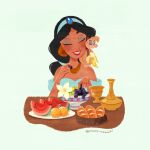  abu_(aladdin) black_hair blue_gem bread closed_eyes commentary_request cup disney disney_princess eating flower food fruit gem glass headband highres holding holding_food jasmine_(disney) monkey naco_oekaki vase watermelon watermelon_slice 