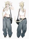  1girl :d absurdres animal_ears arm_at_side bag baggy_pants bare_arms bare_shoulders belt belt_buckle black_bag black_belt black_panties black_shoes blonde_hair bracelet breasts buckle cat_ears cat_girl cat_tail commentary commission crop_top denim facial_mark fangs full_body grey_pants hand_in_pocket hand_up highres jeans jewelry long_hair looking_at_viewer midriff multiple_views navel necklace open_belt open_mouth original panties pants pocket ponytail shoes shoulder_bag simple_background smile sneakers standing tail takaya_riku tank_top underwear w whisker_markings white_tank_top yellow_eyes 
