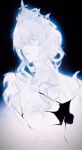  06binrays 1girl anastasya_feodorovna_snezhnaya artist_name bare_shoulders black_background blue_eyes blue_gem breasts broken_glass circlet cleavage dress earrings english_commentary fur-trimmed_robe fur_trim gem genshin_impact glass hair_between_eyes hair_bun highres jewelry kokoshnik large_breasts looking_to_the_side partially_colored pendant pointy_ears robe royal_robe short_hair_with_long_locks sidelocks simple_background snowflake_earrings solo strapless strapless_dress teeth upper_body wavy_hair white_dress 