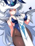  0k0j0 1girl absurdres animal_ears black_pantyhose blue_leotard blush breasts commentary_request duel_monster gloves grey_background grey_hair hat highres holding holding_tray large_breasts leotard long_hair pantyhose playboy_bunny rabbit_ears silent_magician simple_background tabard tray white_gloves white_hat white_tabard wizard_hat yu-gi-oh! 