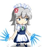  angry bad_anatomy blue_eyes braid chibi izayoi_sakuya knife lowres maid ribbon samurai_(kasizuki) short_hair silver_hair solo touhou twin_braids 