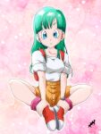  1girl blue_eyes blunt_bangs breasts bubble_background bulma butterfly_sitting collarbone commentary dragon_ball dragon_ball_(classic) english_commentary green_hair holding_own_ankles long_hair looking_at_viewer parted_lips pink_background pink_socks red_shoes ryuunosuke_(ryunosuke_625) shirt shoes shorts sitting sleeves_rolled_up small_breasts socks solo white_shirt yellow_shorts 
