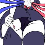  1girl ass ass_focus back black_dress black_panties black_thighhighs blue_wings bow bowtie cameltoe commentary dress english_commentary houjuu_nue panties picot_trim_panties red_bow red_bowtie red_wings rui_hill solo thighhighs thighhighs_pull thighs touhou two-tone_wings underwear white_background wings 