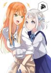  +++ 2girls :d :t blue_eyes blue_ribbon blue_streaks braid brown_sweater chain chain_necklace closed_mouth clothes_around_waist collared_shirt commentary cowboy_shot gakuen_idolmaster green_eyes half_up_braid happy highres hug hug_from_behind idolmaster jewelry katsuragi_lilja long_sleeves looking_at_another looking_to_the_side multicolored_hair multiple_girls neck_ribbon necklace open_mouth parted_bangs pleated_skirt pout purple_skirt ribbon shirt shiun_sumika short_hair simple_background skirt sleeves_rolled_up smile speech_bubble spoken_squiggle squiggle standing streaked_hair surprise_hug surprised suzuka_202224 sweater sweater_around_waist three-quarter_sleeves turning_head white_background white_hair white_shirt yuri 