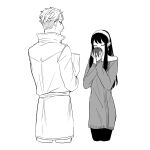  1boy 1girl apple closed_eyes coat collarbone commentary_request cropped_legs dress food fruit greyscale highres holding holding_food holding_fruit long_hair long_sidelocks long_sleeves looking_at_another monochrome pantyhose short_hair sidelocks simple_background smelling spy_x_family sweater sweater_dress tarutaruso3 twilight_(spy_x_family) white_background yor_briar 