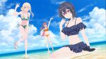  3girls :d amami_yuu anime_coloring arm_up armpits asanagi_umi ball bare_arms bare_legs bare_shoulders beach beachball bikini black_bikini black_hair blonde_hair blue_eyes blue_sky blue_streaks blush breasts brown_hair class_de_2-banme_ni_kawaii_onnanoko_to_tomodachi_ni_natta cleavage closed_mouth cloud collarbone commentary_request day dutch_angle flip-flops floral_print floral_print_bikini frilled_bikini frills full_body green_bikini green_eyes green_scrunchie hair_between_eyes hair_bun hair_ornament hair_scrunchie hairclip hand_on_own_thigh high_ponytail holding holding_ball holding_beachball holding_own_hair kneeling knees_together_feet_apart large_breasts long_hair long_sidelocks looking_at_viewer marine_day medium_breasts midriff multicolored_hair multiple_girls navel nitta_nina ocean official_alternate_hairstyle official_art on_ground one_eye_closed open_mouth orange_bikini outdoors polka_dot polka_dot_bikini ponytail print_bikini purple_eyes red_eyes sandals scrunchie side-tie_bikini_bottom sidelocks single_hair_bun sitting sky smile standing standing_on_one_leg streaked_hair swimsuit teeth thighs upper_teeth_only wading wariza water waving yellow_sandals 