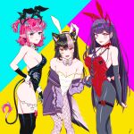  3girls absurdres akuma_nihmune black_gloves black_hair black_leotard black_pantyhose black_thighhighs bow bowtie breasts camila_inpu claws cleavage commentary daijoubu1999 facial_mark fishnet_pantyhose fishnets from_side gloves head_wings heart heart_facial_mark highres indie_virtual_youtuber jacket large_breasts leotard long_hair looking_at_viewer mole mole_under_eye multicolored_hair multiple_girls open_mouth pantyhose pink_hair playboy_bunny pointy_ears purple_bow purple_bowtie purple_hair purple_jacket red_leotard short_hair skunk_ears skunk_girl small_breasts star_(symbol) star_facial_mark streaked_hair tail thighhighs toboso_kuroi triangle triangle_facial_mark two_side_up virtual_youtuber white_leotard white_wrist_cuffs wings wrist_cuffs 