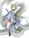  1girl :o absurdres arknights arknights:_endfield bare_shoulders beads black_horns black_shoes blue_eyes blue_socks chinese_commentary colored_extremities commentary_request dragon_girl dragon_horns dragon_tail dress full_body green_hair grey_background grey_dress grey_socks highres horns kneehighs leg_up leviavan long_hair looking_at_viewer parted_lips pointy_ears shoes si_(arknights) socks solo standing standing_on_one_leg tail thigh_strap very_long_hair white_background yellow_horns 