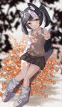  1girl absurdres autumn_leaves black_hair black_skirt brown_vest commentary facial_mark hair_between_eyes hair_ornament heart heart_facial_mark highres indie_virtual_youtuber kawaiipony2 leaf looking_at_viewer multicolored_hair necktie orange_eyes orange_necktie shirt skirt skunk_ears skunk_girl skunk_tail solo star_(symbol) star_facial_mark star_hair_ornament streaked_hair toboso_kuroi triangle triangle_facial_mark twintails two-tone_tail v vest virtual_youtuber white_hair white_shirt 