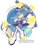  1girl arrow_(projectile) belt blue_coat blue_hair blue_hat blue_shorts blue_sleeves boots bow_(weapon) brown_belt closed_mouth coat commentary_request detached_sleeves drawing_bow full_body green_eyes grey_scarf hat holding holding_arrow holding_bow_(weapon) holding_weapon long_hair official_style pimyuhuwa ponytail puffy_shorts puyopuyo puyopuyo_quest rope sagey_(puyopuyo) scarf shorts sidelocks simple_background sleeveless sleeveless_coat smile solo star_(symbol) thigh_boots twitter_username very_long_hair weapon white_background white_boots 