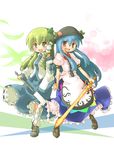  bad_id bad_pixiv_id blue_hair detached_sleeves food frog fruit gohei green_eyes green_hair haradaiko_(arata_himeko) hat hinanawi_tenshi holding_hands kochiya_sanae multiple_girls peach red_eyes sword sword_of_hisou touhou weapon 