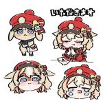  1girl :> :3 =_= animal_ears bag blonde_hair blue_eyes bowl chibikemo closed_mouth crying envelope false_smile full_body goat_ears hat hat_bell head_only hololive itadakimasu jacket lowres messenger_bag multicolored_hair multiple_views open_mouth palms_together peanut_mouth pi52ta praying red_hat red_jacket red_streaks shaded_face short_hair shoulder_bag simple_background smile streaked_hair suzuna_tsuzuri tears translated two-tone_hair virtual_youtuber white_background 