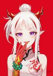  1girl absurdres arknights bare_shoulders beads commentary dragon_girl dragon_horns dragon_print highres horns looking_at_viewer multicolored_hair nian_(arknights) nian_(unfettered_freedom)_(arknights) official_alternate_costume print_shirt purple_eyes red_background red_horns red_streaks saturated_background shirt short_hair_with_long_locks signature simple_background sing_shuixing sleeveless sleeveless_shirt solo streaked_hair tongue tongue_out upper_body watermark white_hair 