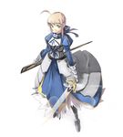  ahoge armor armored_dress artoria_pendragon_(all) avalon_(fate/stay_night) blonde_hair bow dress excalibur fate/stay_night fate_(series) faulds gauntlets greaves green_eyes hair_bow hair_ribbon invisible_air ribbon saber satomi sheath short_hair simple_background solo sword weapon 