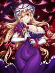  1girl blonde_hair bow breasts cleavage commentary_request commission covered_navel dress elbow_gloves gap_(touhou) gloves grin hair_bow hat hat_ribbon highres holding holding_umbrella large_breasts long_hair looking_at_viewer mob_cap multiple_hair_bows puffy_short_sleeves puffy_sleeves purple_dress red_bow red_eyes red_ribbon ribbon short_sleeves sleeve_bow smile solo substance20 touhou umbrella very_long_hair white_gloves white_hat yakumo_yukari 