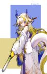  1girl absurdres alyoth aqua_eyes arknights bare_shoulders beads blonde_hair blue_hair chinese_commentary closed_mouth colored_extremities commentary_request dragon_girl dragon_horns dragon_tail drop_shadow earrings from_behind hair_intakes highres holding holding_sword holding_weapon horns jacket jewelry long_hair long_sleeves multicolored_hair off_shoulder pants partial_commentary pointy_ears shu_(arknights) solo standing sword tail twitter_username very_long_hair watermark weapon white_hair white_jacket white_pants 
